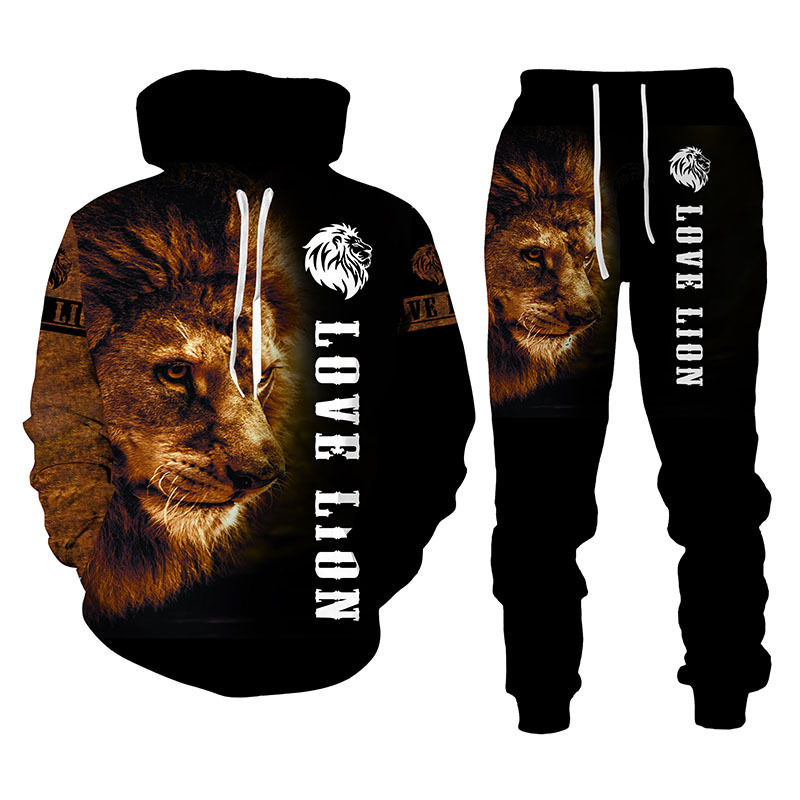 Sweatpants and Hoodie Set Men Lion Printed Tracksuit Hooded Bulk Custom Sweatsuit Logo Men Thick Sweatsuit 2021