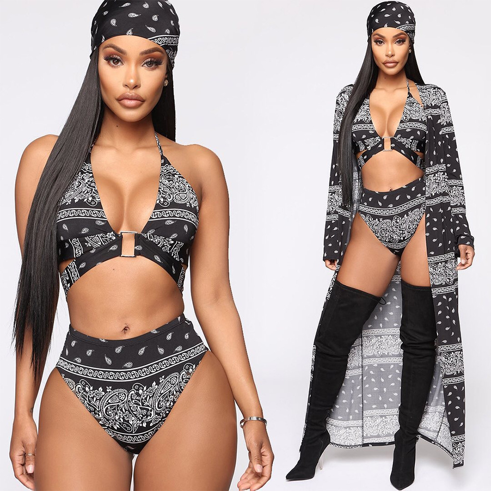 2022 New Arrivals Wholesale African 3 Piece Swimsuit High Waist Print Bikini Cover Up Swimwear Bathing Suits for Women