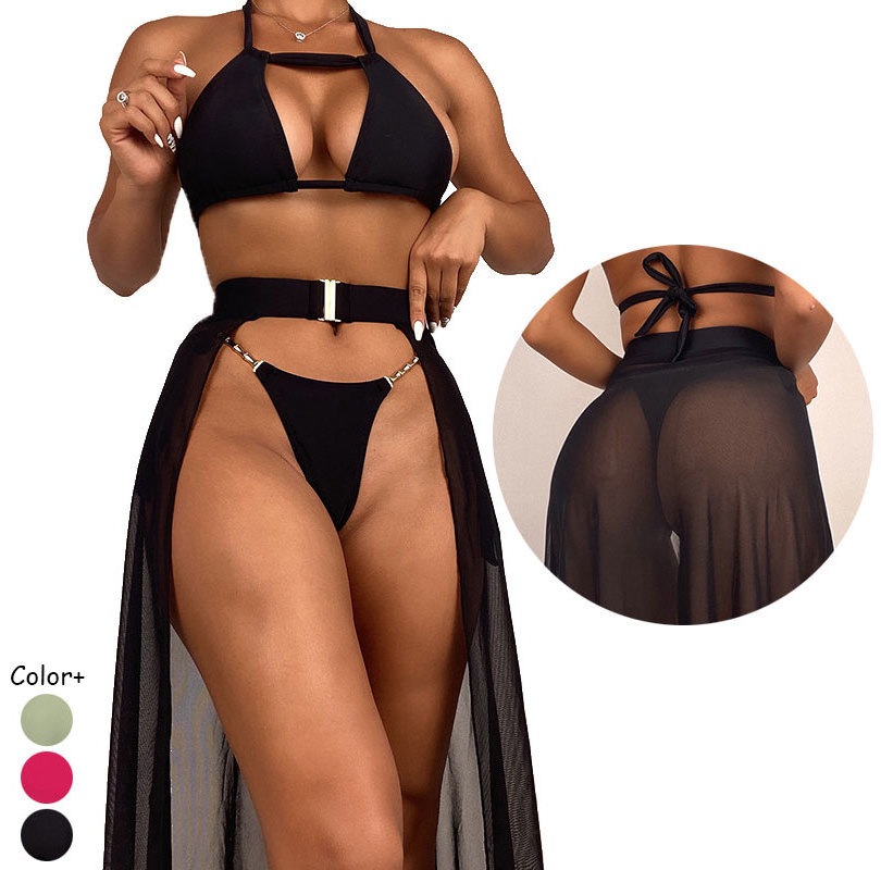 Dental Floss Bikini 3 Piece Swimwear Set Metallic Swimwear Bathing Suit Cover Up Biquinis 2022