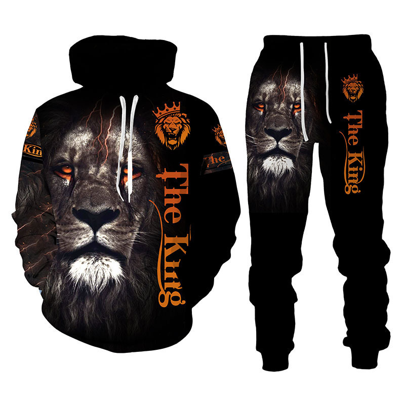 Sweatpants and Hoodie Set Men Lion Printed Tracksuit Hooded Bulk Custom Sweatsuit Logo Men Thick Sweatsuit 2021