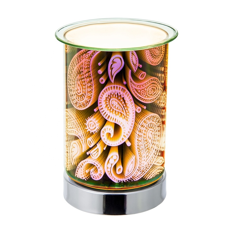 Wholesale Cylinder Shaped 3D Design Paisley Glass Aroma Oil Burner Lamp Used with Essential Oil Candle and Wax Melts