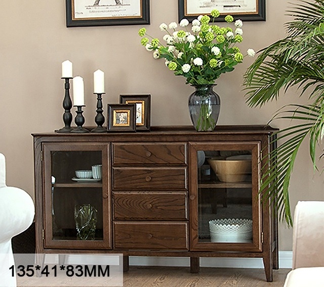 solid wood credenza sideboard modern with 4 drawers and 2 glass doors for living room