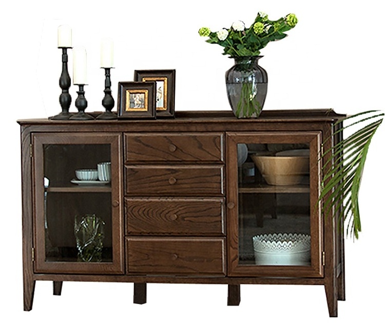 solid wood credenza sideboard modern with 4 drawers and 2 glass doors for living room