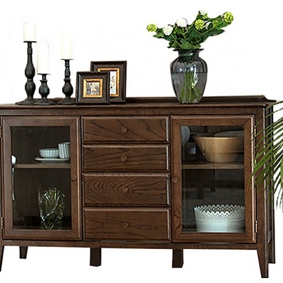 solid wood credenza sideboard modern with 4 drawers and 2 glass doors for living room