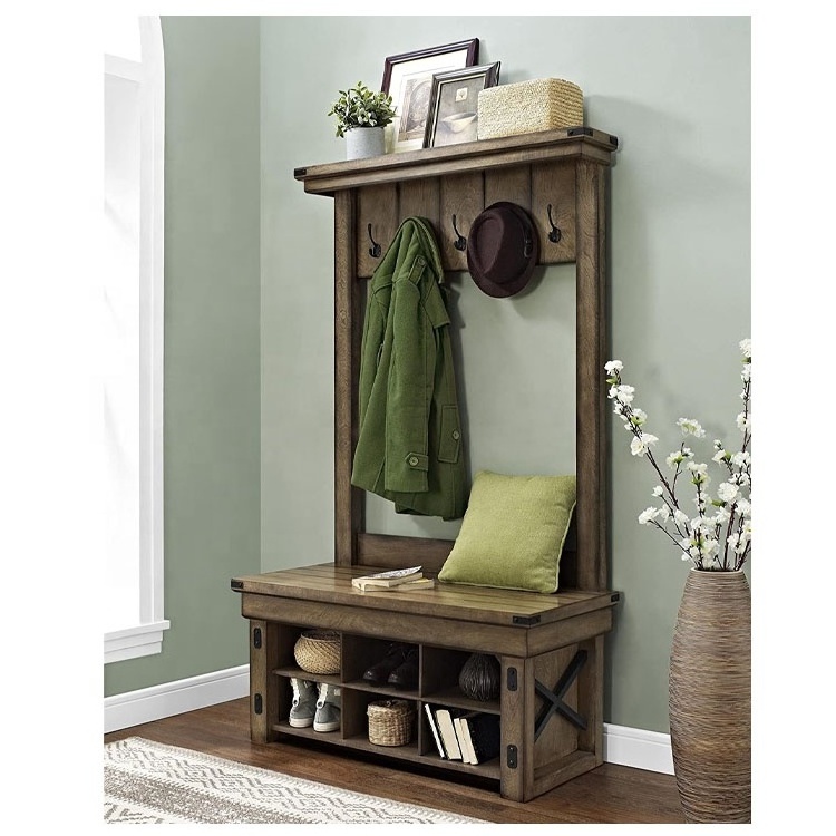 Wildwood Wood Veneer Entryway Hall Tree with Storage Bench, Rustic Gray