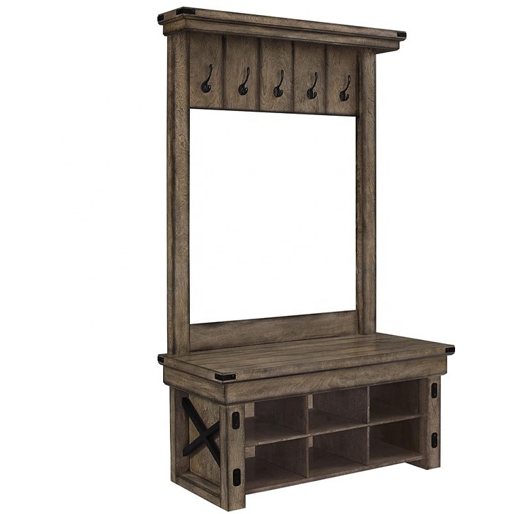 Wildwood Wood Veneer Entryway Hall Tree with Storage Bench, Rustic Gray