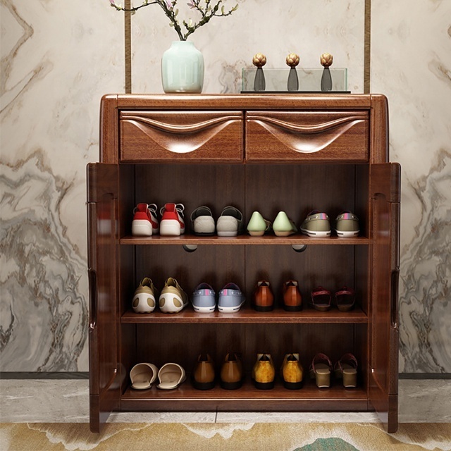 modern shoe rack cabinet wooden with 2 drawers and 2 doors light brown for living room