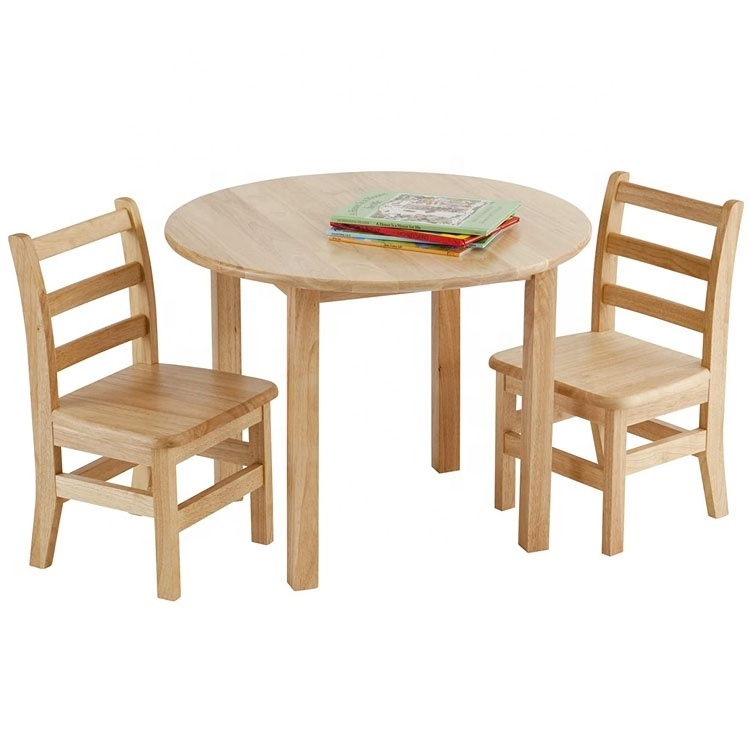 kids natural  homeschool round hardwood table with 2 ladderback chairs set