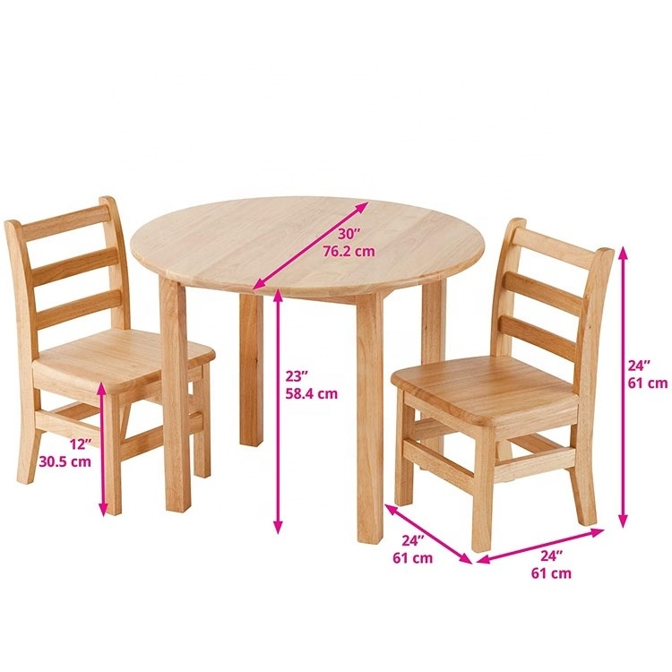 kids natural  homeschool round hardwood table with 2 ladderback chairs set