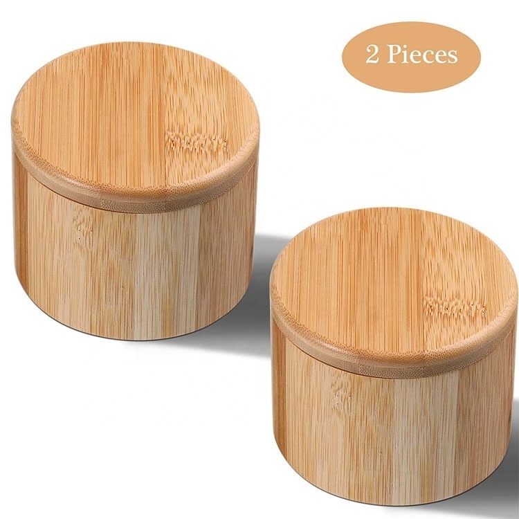 Bamboo Salt and Spice Storage Box with Magnetic Swivel Lid Round Bamboo Pepper Box Bamboo Salt Keeper Kitchen