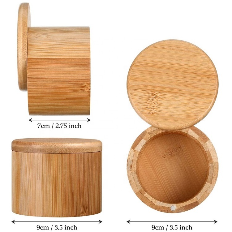 Bamboo Salt and Spice Storage Box with Magnetic Swivel Lid Round Bamboo Pepper Box Bamboo Salt Keeper Kitchen