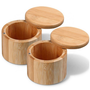 Bamboo Salt and Spice Storage Box with Magnetic Swivel Lid Round Bamboo Pepper Box Bamboo Salt Keeper Kitchen