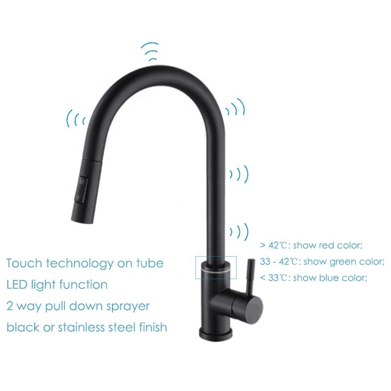 Modern Single Handle Black Deck Mount Hot Cold Water 304 Stainless Steel Pull Down Sensor Touch Kitchen Sink Faucet