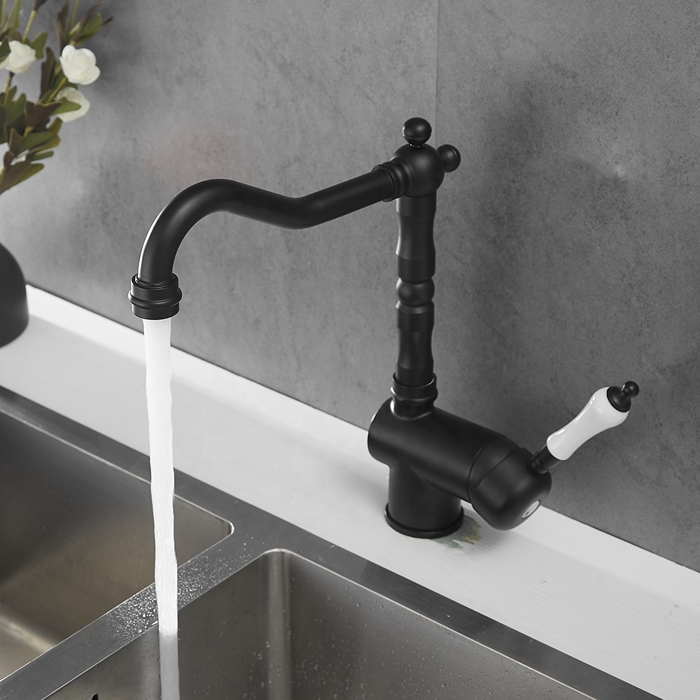 Classic Vintage Ceramic Handle Brass Hot Cold Water Black Kitchen Sink Faucets