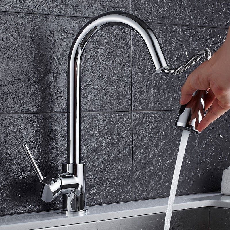 Modern Hot Cold Water Tap Flexible Pull Out Spout Kitchen Mixer 360 Degree Single Handle Pull Down Kitchen Sink Faucet