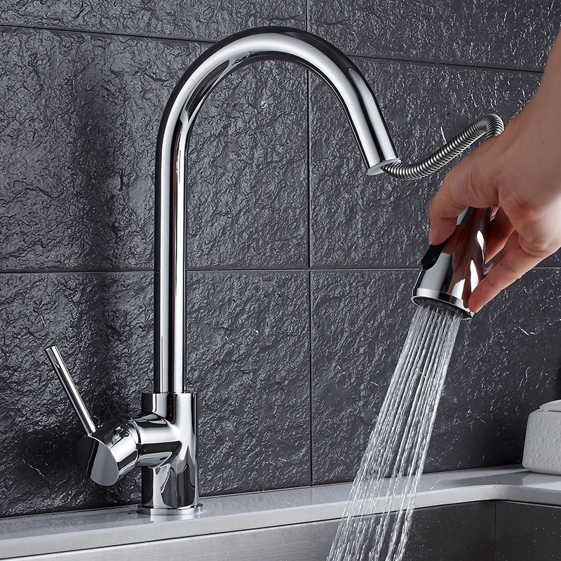 Modern Hot Cold Water Tap Flexible Pull Out Spout Kitchen Mixer 360 Degree Single Handle Pull Down Kitchen Sink Faucet