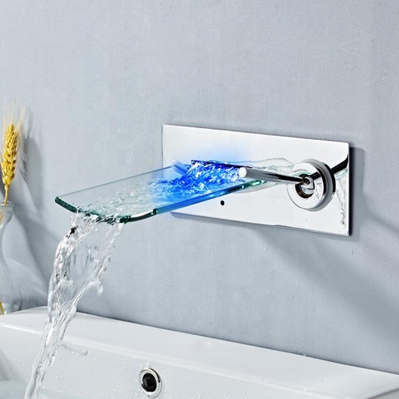 Single Handle Brass Wall Mounted Bathroom Waterfall LED Glass Basin Mixer Faucet