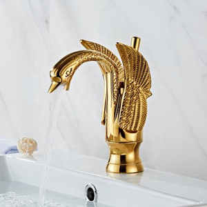 Swan Shape Basin Mixer Brass Gold Single Hole Deck Mount Cold and Hot Water Bathroom Vanity Faucet