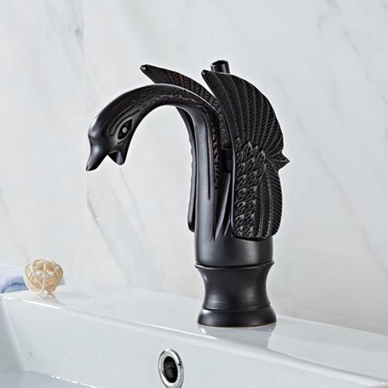 Swan Shape Basin Mixer Brass Gold Single Hole Deck Mount Cold and Hot Water Bathroom Vanity Faucet