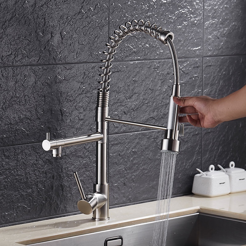 Deck Mount Hot Cold Water Sink Mixer Flexible Modern Spring Loaded Brass Pull Down Sprayer Industrial Commercial Kitchen Faucet