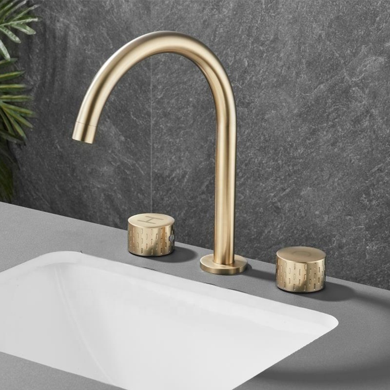 High Quality Luxury Deck Mount Double Two Handle Brass Bathroom Brushed Gold Copper 3 Three Hole Split Basin Faucet