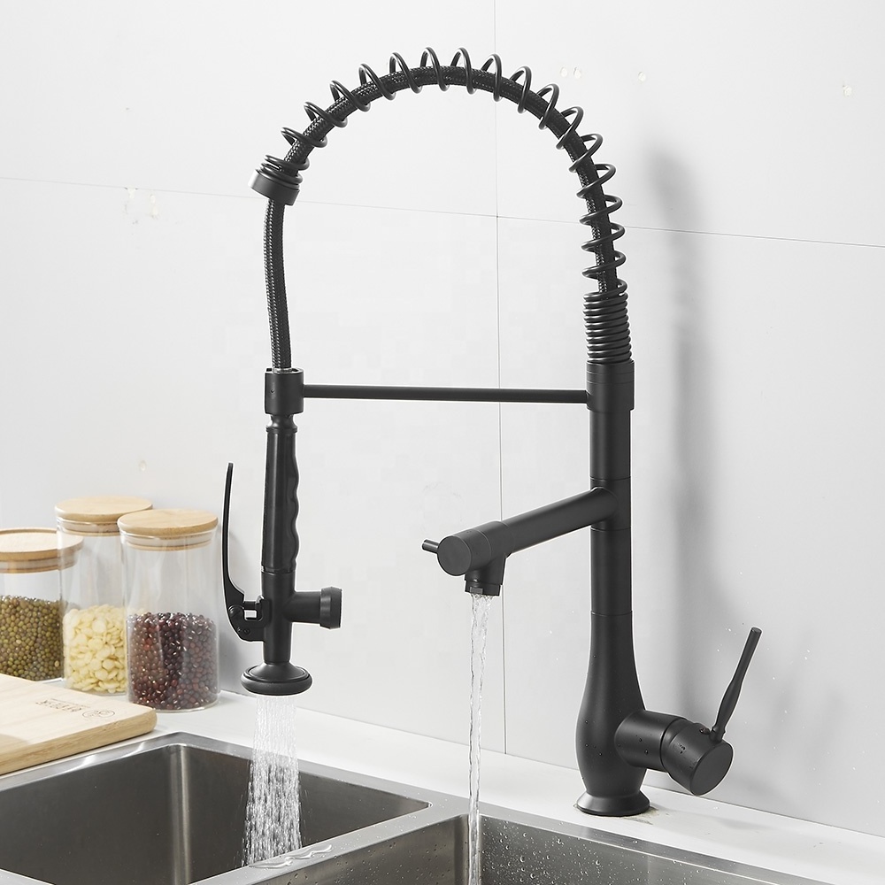 360 Rotate Spring Black Industrial Pull Down Kitchen Mixer With Flexible Spout Pre-Rinse 2 Ways Brass Pullout Kitchen Faucet