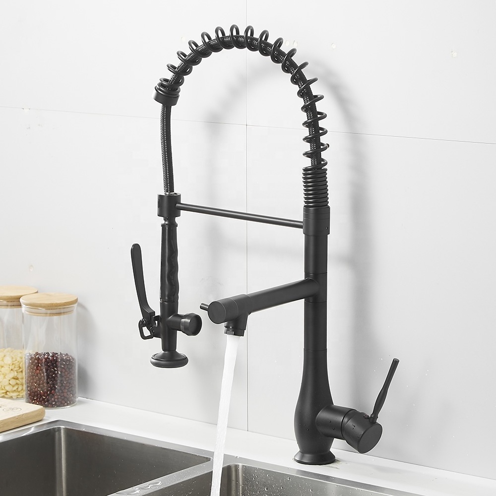 360 Rotate Spring Black Industrial Pull Down Kitchen Mixer With Flexible Spout Pre-Rinse 2 Ways Brass Pullout Kitchen Faucet