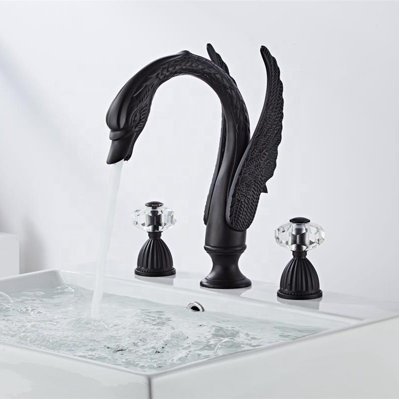 Factory Price Low MOQ Brass Luxury Bathroom Double Handles Seperate 3 Holes Split Black Swan Basin Faucet