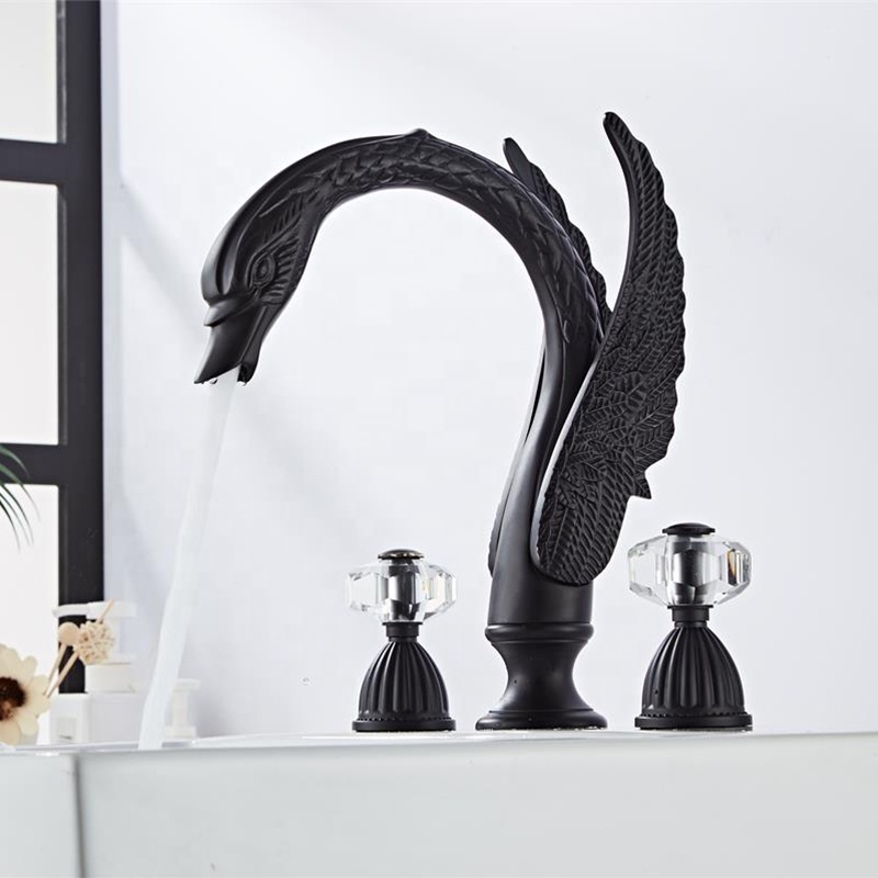 Factory Price Low MOQ Brass Luxury Bathroom Double Handles Seperate 3 Holes Split Black Swan Basin Faucet