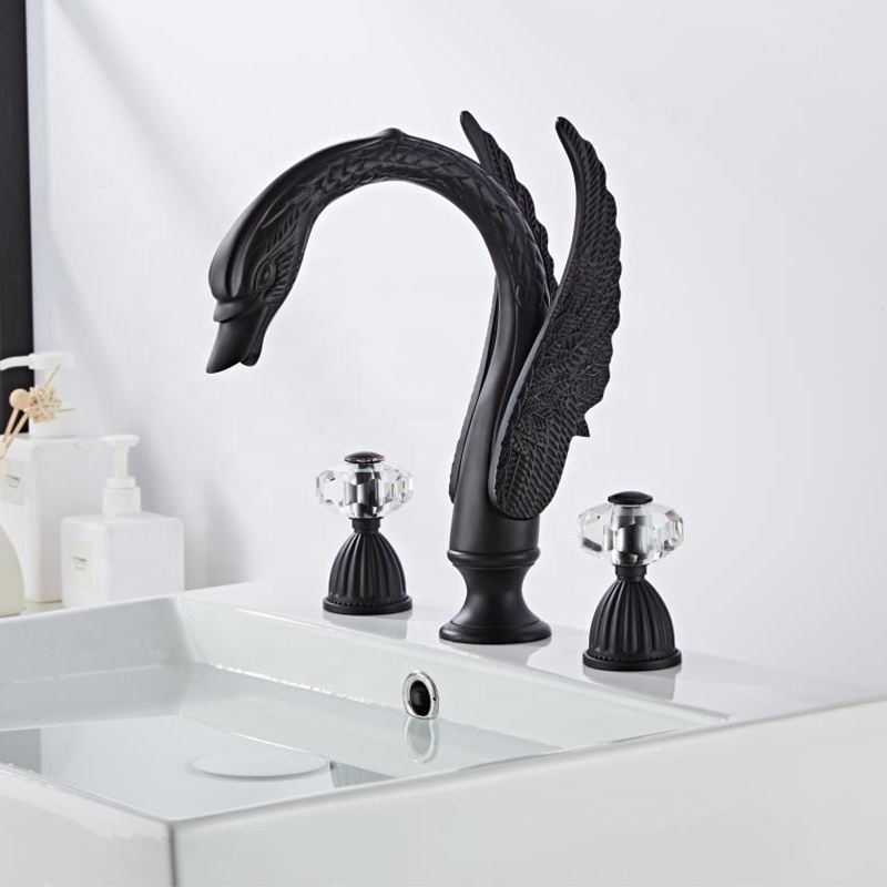 Factory Price Low MOQ Brass Luxury Bathroom Double Handles Seperate 3 Holes Split Black Swan Basin Faucet