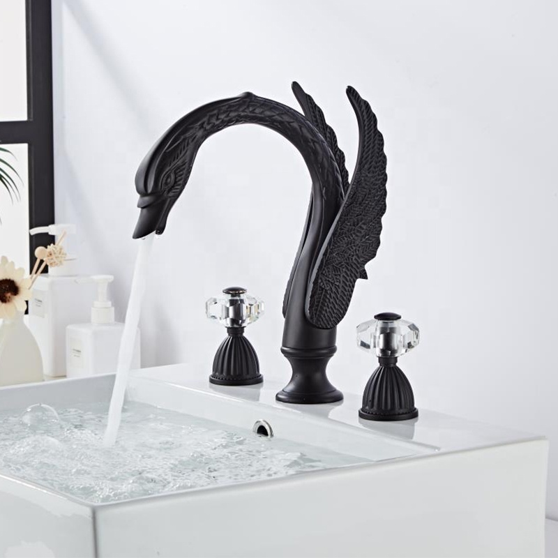 Factory Price Low MOQ Brass Luxury Bathroom Double Handles Seperate 3 Holes Split Black Swan Basin Faucet