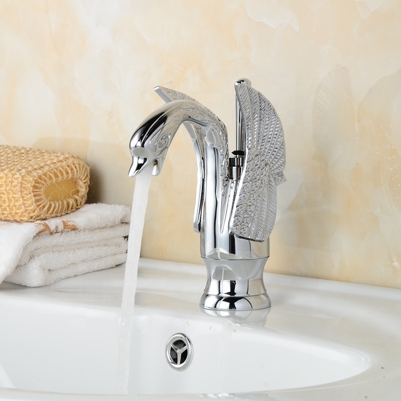 Sanitary Ware Luxury Bathroom Hot Cold Water Single Lever Brass Basin Faucet Gold Animal Shape Gooseneck Swan Faucet