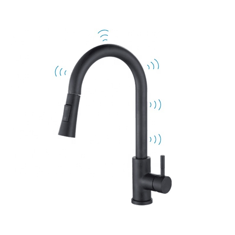 Modern Single Handle Black Deck Mount Hot Cold Water 304 Stainless Steel Pull Down Sensor Touch Kitchen Sink Faucet