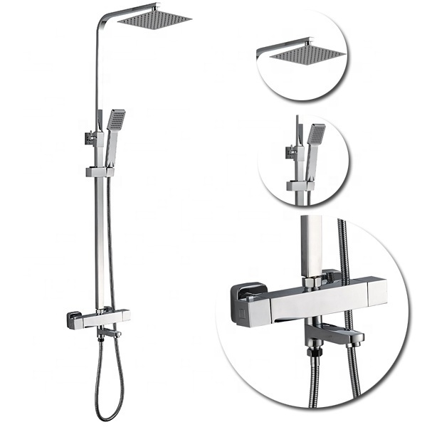 Bathroom Exposed Head Rainfall Shower Panel System Column Temperature Control Thermostatic Shower Faucet Mixer Set