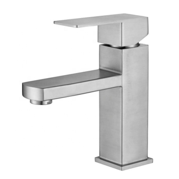 Sanitary Ware Deck Mount Single Hole Square SS304 Stainless Steel Brushed Mixer Single Handle Hand Wash Basin Faucet