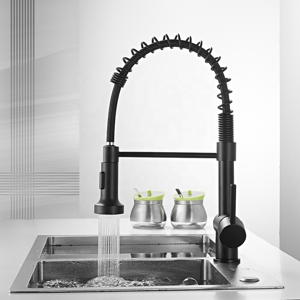 Pull Down Spray Brass Black Single Handle Spring Pull Out Kitchen Faucet