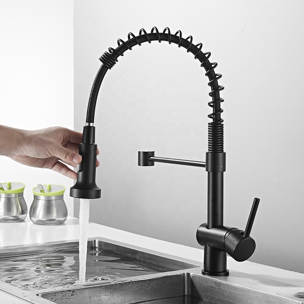 Pull Down Spray Brass Black Single Handle Spring Pull Out Kitchen Faucet