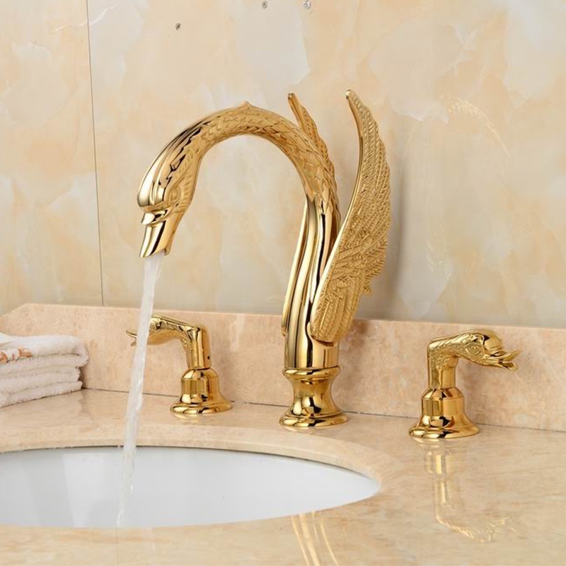 Goose Neck Animal Shape Wash Basin Mixer Tap 3 Holes Luxury Double Handles Brass Bathroom Sink Golden Finished Swan Faucets