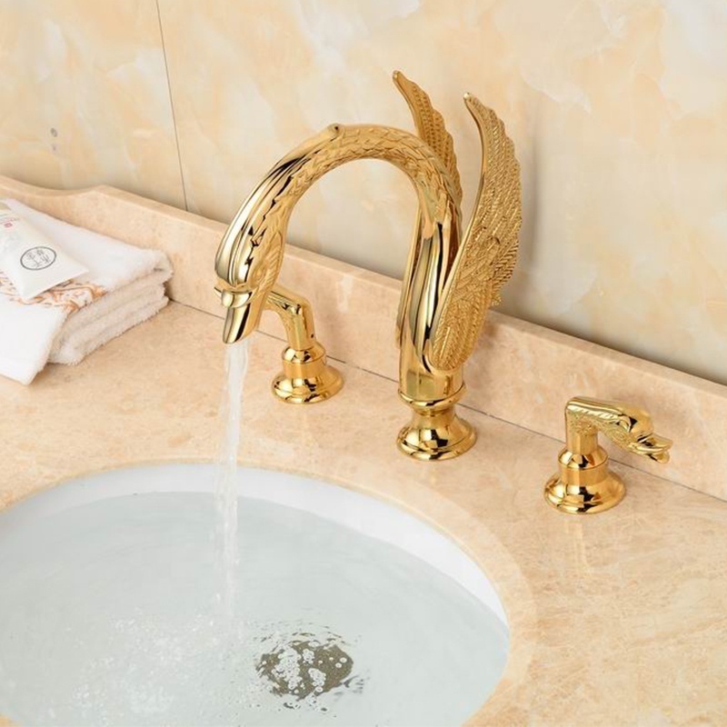 Goose Neck Animal Shape Wash Basin Mixer Tap 3 Holes Luxury Double Handles Brass Bathroom Sink Golden Finished Swan Faucets