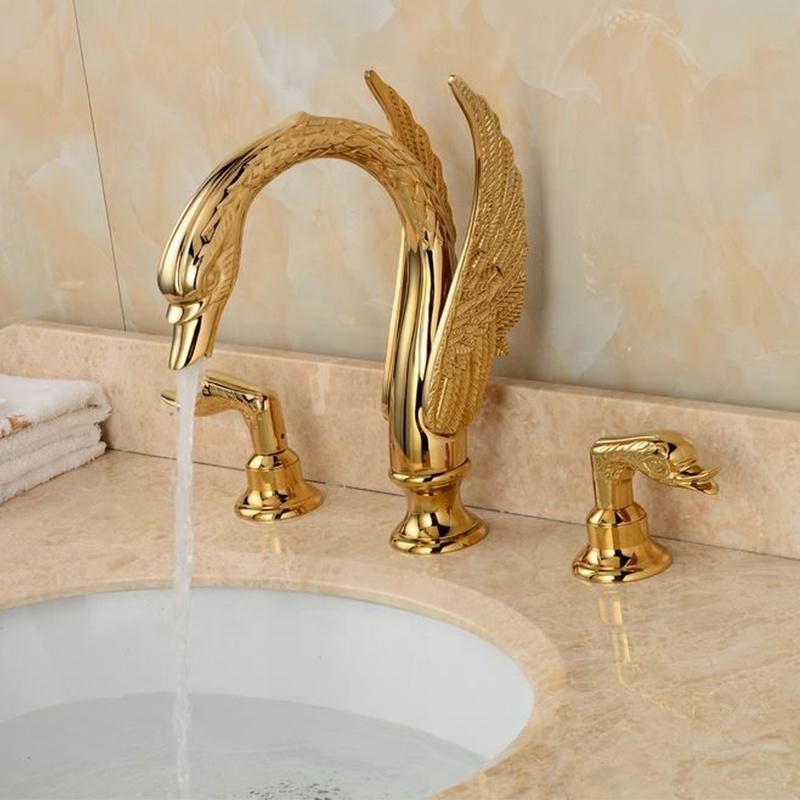 Goose Neck Animal Shape Wash Basin Mixer Tap 3 Holes Luxury Double Handles Brass Bathroom Sink Golden Finished Swan Faucets