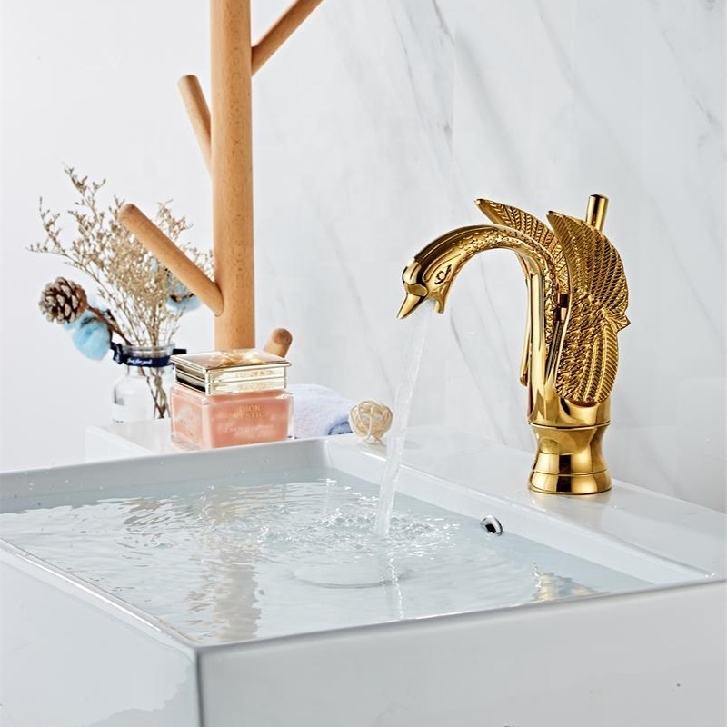 Fancy Gooseneck Brass Face Wash Basin Mixer Hot Cold Water Tap Deck Mount Luxury Single Handle Bathroom Golden Swan Faucet