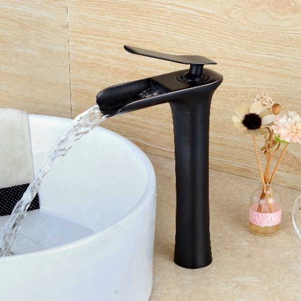 Sanitary Single Hole Brass Bathroom Vanity Wash Basin Sink Mixer Black Waterfall Faucet