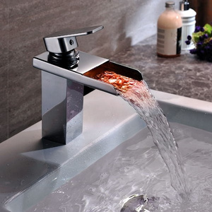 Hot Cold Water Glow Temperature Change RGB Color Bathroom Waterfall LED Light Wash Basin Faucet