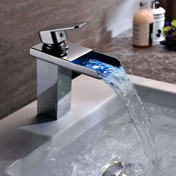 Hot Cold Water Glow Temperature Change RGB Color Bathroom Waterfall LED Light Wash Basin Faucet