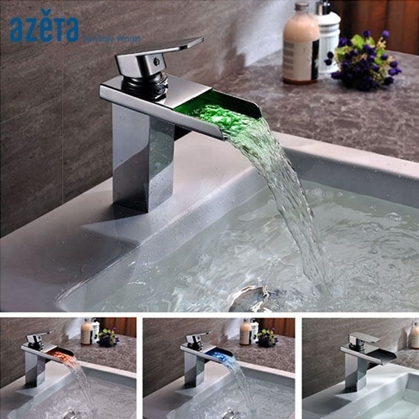 Hot Cold Water Glow Temperature Change RGB Color Bathroom Waterfall LED Light Wash Basin Faucet