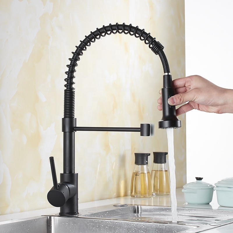 Modern Commercial Single Handle Copper Brass Matt Black Flexible Pull Down Spring Kitchen Sink Faucet With Sprayer