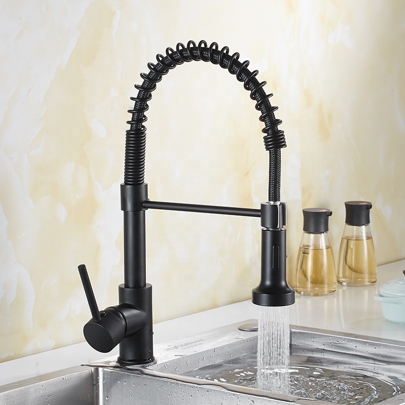 Modern Commercial Single Handle Copper Brass Matt Black Flexible Pull Down Spring Kitchen Sink Faucet With Sprayer