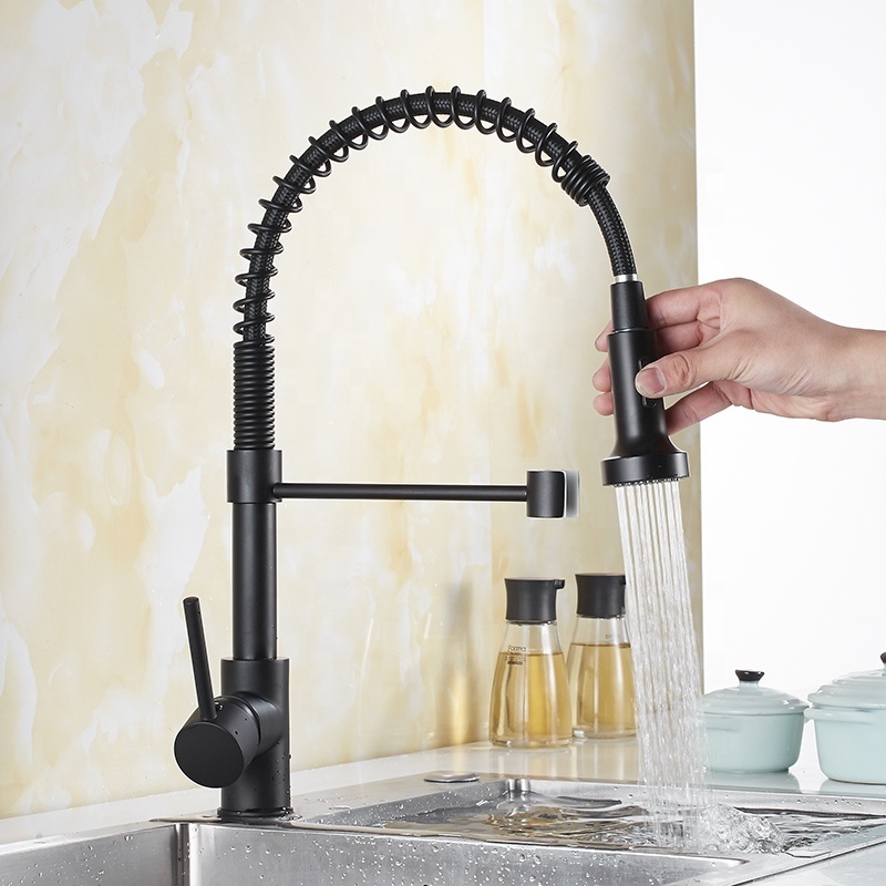 Modern Commercial Single Handle Copper Brass Matt Black Flexible Pull Down Spring Kitchen Sink Faucet With Sprayer