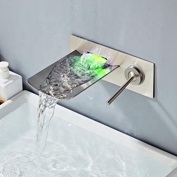 Colorful Glow Water-powered Wall Mount Bathroom Waterfall Brass Wash Basin LED Water Faucet