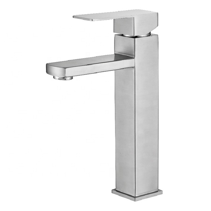 Sanitary Ware Deck Mount Single Hole Square SS304 Stainless Steel Brushed Mixer Single Handle Hand Wash Basin Faucet